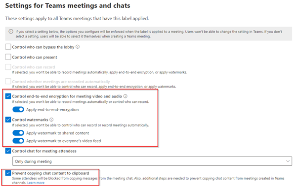 settings for team meetings and chats